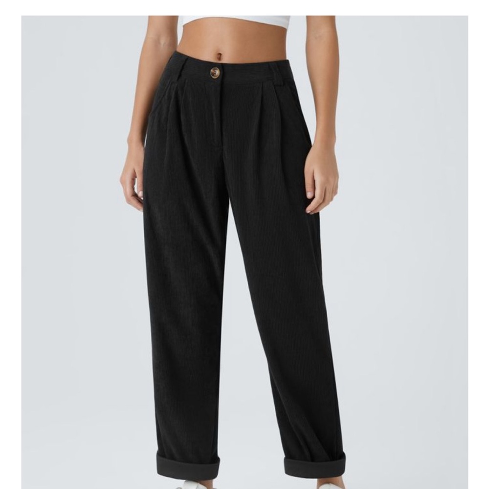 HALARA Black Mid Rise Corduroy Trousers Pants L P